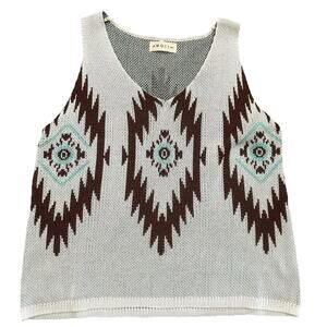 Amoli Size M/L Aztec Boho Tank Top Knitted Tribal Knit Short Ivory Sweater‎
